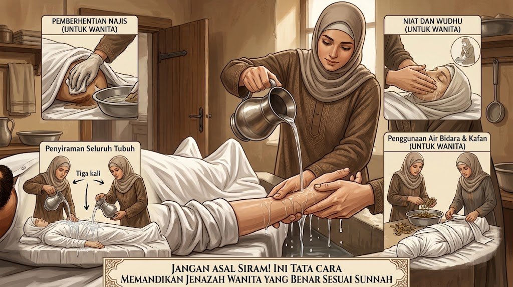 Infografis adab dan urutan memandikan jenazah sesuai syariat di pemakaman muslim